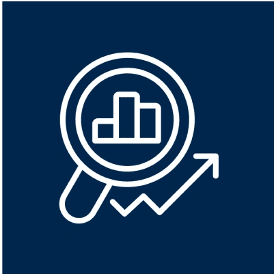 Magnifying glass analyzing bar chart with upward trend arrow.