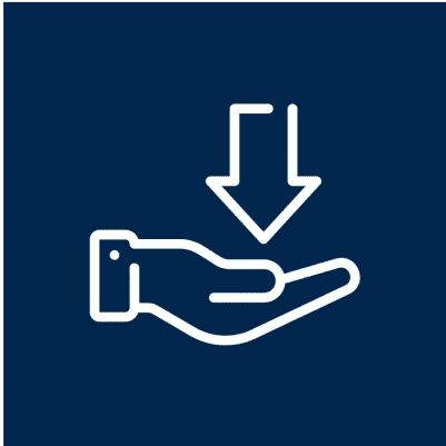 Icon of a hand with a downward arrow above it on a dark blue background.
