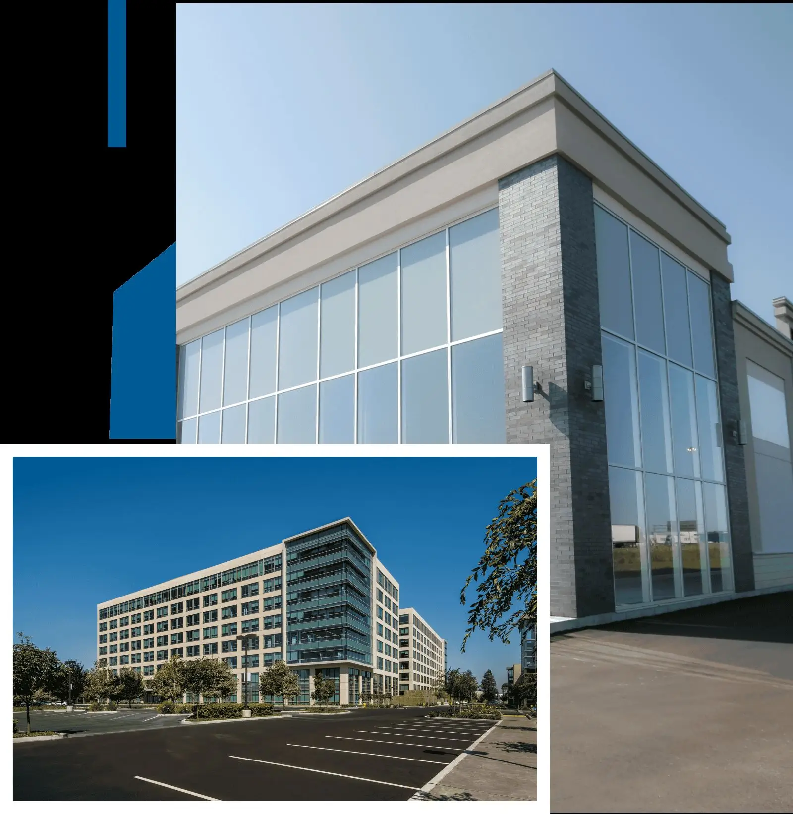 Modern commercial office buildings with glass facades under clear skies.