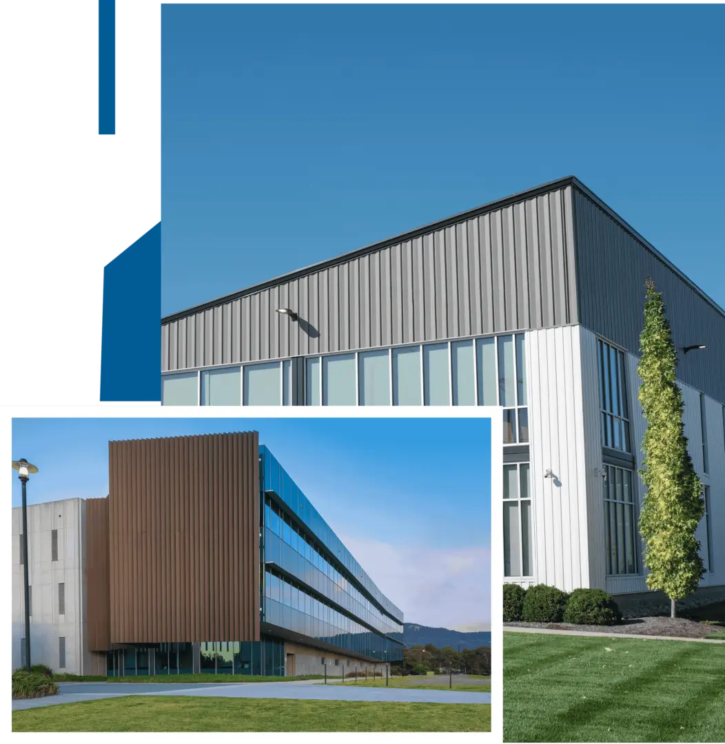 Modern commercial buildings with clean lines and wood accents under clear skies.