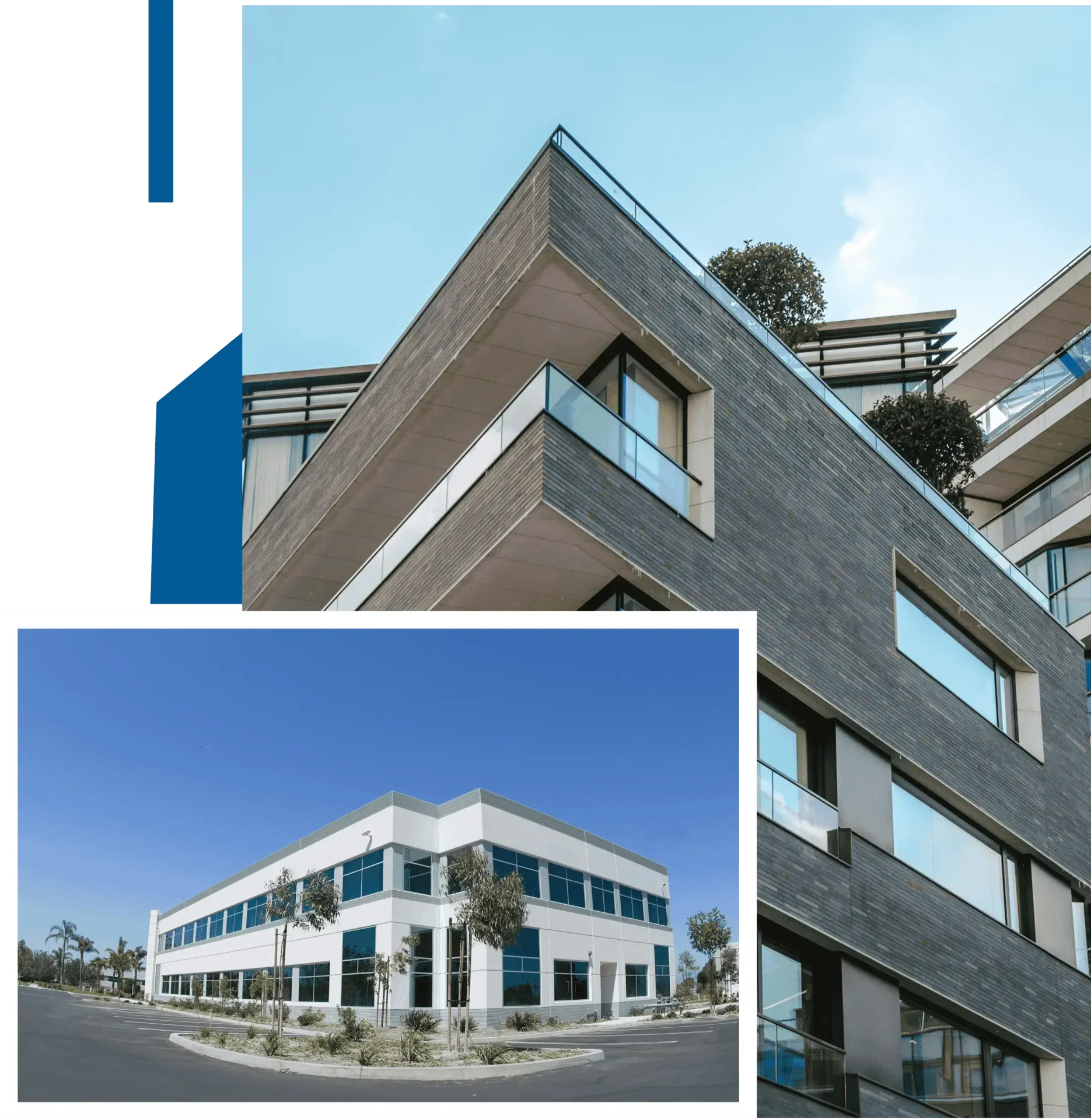 Modern multi-story office buildings under clear blue skies.